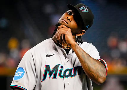 Miami Marlins starting pitcher Edward Cabrera (27) reacts after leaving the game against the Arizona Diamondbacks in the fourth inning at Chase Field in Phoenix on May 10, 2023.