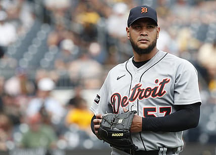 Aug 2, 2023; Pittsburgh, Pennsylvania, USA;  Detroit Tigers starting pitcher Eduardo Rodriguez (57) exits the field after pitching six innings against the Pittsburgh Pirates at PNC Park. Detroit won 6-3. Mandatory Credit: Charles LeClaire-USA TODAY Sports