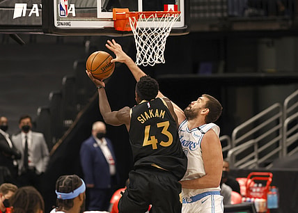Apr 6, 2021; Tampa, Florida, USA; Los Angeles Lakers center Marc Gasol (14) blocks Toronto Raptors forward Pascal Siakam (43) shot during the second quarter at Amalie Arena. Mandatory Credit: Kim Klement-USA TODAY Sports