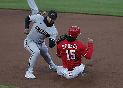 Apr 21, 2021; Cincinnati, Ohio, USA; Cincinnati Reds center fielder Nick Senzel (15) is tagged out caught stealing second by Arizona Diamondbacks second baseman Eduardo Escobar (5) during the  second inning at Great American Ball Park. Mandatory Credit: David Kohl-USA TODAY Sports