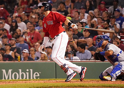 Jun 30, 2021; Boston, Massachusetts, USA; Boston Red Sox left fielder J.D. Martinez (28) hits a three-run home run against the Kansas City Royals during the third inning at Fenway Park. Mandatory Credit: David Butler II-USA TODAY Sports
