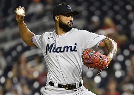 Sep 13, 2021; Washington, District of Columbia, USA; Miami Marlins starting pitcher Sandy Alcantara (22) throws to the Washington Nationals during the fifth inning at Nationals Park. Mandatory Credit: Brad Mills-USA TODAY Sports