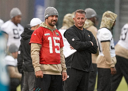 Nov 1, 2019; London, United Kingdom; Jacksonville Jaguars quarterback Gardner Minshew (15) and offensive coordinatorr John DeFilippo during practice at Allianz Park. Mandatory Credit: Kirby Lee-USA TODAY Sports