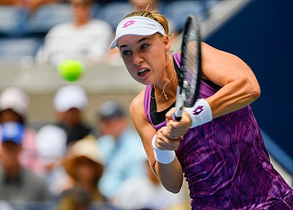 Aug 27, 2019; Flushing, NY, USA; Anna Blinkova of Russia hits to Naomi Osaka of Japan in the first round on day two of the 2019 U.S. Open tennis tournament at USTA Billie Jean King National Tennis Center. Mandatory Credit: Robert Deutsch-USA TODAY Sports