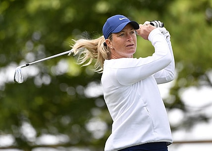 Aug 22, 2019; Aurora, Ontario, CAN; Suzann Pettersen tees off on the second hole in the first round of the CP Womens Open golf tournament at Magna Golf Club. Mandatory Credit: Eric Bolte-USA TODAY Sports