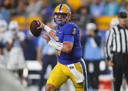 Pittsburgh Panthers Phil Jurkovec prepares to fire the ball downfield while looking for an open receiver during the first half against the North Carolina Tar Heels at Acrisure Stadium in Pittsburgh, PA on September 23, 2023.