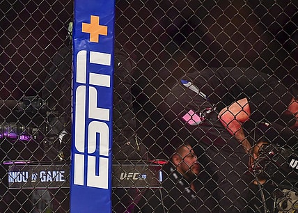 Jan 22, 2022; Anaheim, California, USA; A view of the ESPN logo before UFC 270 at Honda Center. Mandatory Credit: Gary A. Vasquez-USA TODAY Sports