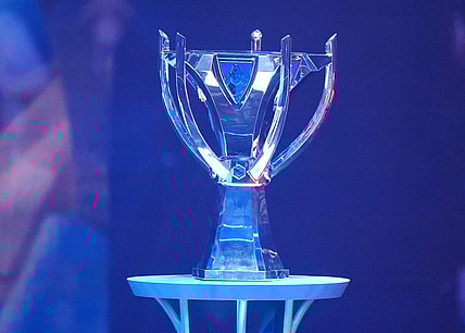 Nov 5, 2022; San Francisco, California, USA; The League of Legends World Championships trophy at Chase Center. Mandatory Credit: Kelley L Cox-USA TODAY Sports