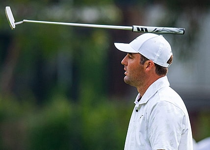 Feb 17, 2024; Pacific Palisades, California, USA; Scottie Scheffler reacts after a putt on the sixteenth hole during the third round of The Genesis Invitational golf tournament at Riviera Country Club. Mandatory Credit: Jason Parkhurst-USA TODAY Sports