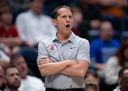 Arkansas Razorbacks head coach Eric Musselman works the referees against South Carolina during their second round game of the SEC Men's Basketball Tournament at Bridgestone Arena in Nashville, Tenn., Thursday, March 14, 2024.