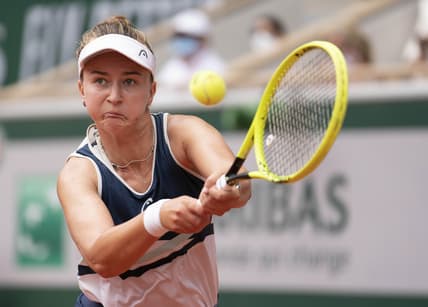 Jun 12, 2021; Paris, France; Barbora Krejcikova (CZE) in action during the women's final match against Anastasia Pavlyuchenkova (RUS) on day 14 of the French Open at Stade Roland Garros. Mandatory Credit: Susan Mullane-USA TODAY Sports