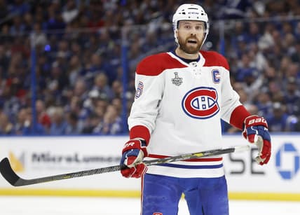Jun 30, 2021; Tampa, Florida, USA; Montreal Canadiens defenseman Shea Weber (6) waits for a face off against the Tampa Bay Lightning during the first period in game two of the 2021 Stanley Cup Final at Amalie Arena. Mandatory Credit: Kim Klement-USA TODAY Sports
