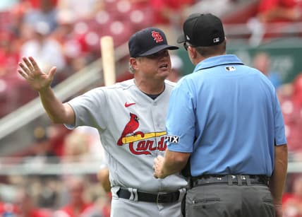 Jul 25, 2021; Cincinnati, Ohio, USA; St. Louis Cardinals manager Mike Shildt (left) discusses a call with first base umpire Ron Kulpa (right) during the second inning against the Cincinnati Reds at Great American Ball Park. Mandatory Credit: David Kohl-USA TODAY Sports