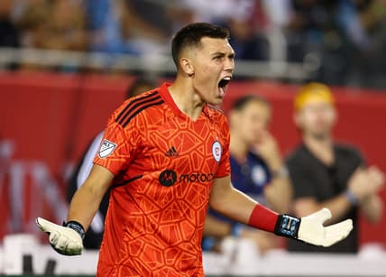 Jul 16, 2022; Chicago, Illinois, USA; Chicago Fire goalkeeper Gabriel Slonina (1) reacts against the Seattle Sounders during the second half at Soldier Field. Mandatory Credit: Mike Dinovo-USA TODAY Sports