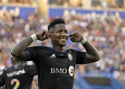 Aug 6, 2022; Montreal, Quebec, CAN; CF Montreal midfielder Romell Quioto (30) celebrates after scoring a goal against the Inter Miami CF during the first half at Stade Saputo. Mandatory Credit: Eric Bolte-USA TODAY Sports