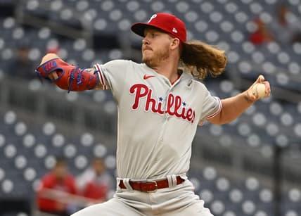 Sep 30, 2022; Washington, District of Columbia, USA; Philadelphia Phillies starting pitcher Bailey Falter (70) throws to the Washington Nationals during the first inning at Nationals Park. Mandatory Credit: Brad Mills-USA TODAY Sports