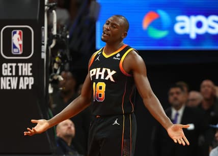 Oct 19, 2022; Phoenix, Arizona, USA; Phoenix Suns center Bismack Biyombo (18) reacts against the Dallas Mavericks at Footprint Center. Mandatory Credit: Mark J. Rebilas-USA TODAY Sports
