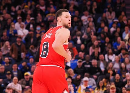 Dec 2, 2022; San Francisco, California, USA; Chicago Bulls guard Zach LaVine (8) looks over his shoulder after scoring a basket against the Golden State Warriors during the fourth quarter at Chase Center. Mandatory Credit: Kelley L Cox-USA TODAY Sports