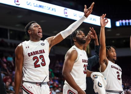 Nov 2, 2022; Columbia, South Carolina, US; South Carolina Gamecocks forward Gregory "GG" Jackson II (23) cheers a teammate during the second half against the Mars Hill Lions at Colonial Life Arena. Mandatory Credit: Jeff Blake-USA TODAY Sports