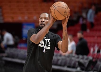 Jan 8, 2023; Miami, Florida, USA;  Brooklyn Nets forward Kevin Durant (7) warms up before playing the Miami Heat at FTX Arena. Mandatory Credit: Michael Laughlin-USA TODAY Sports
