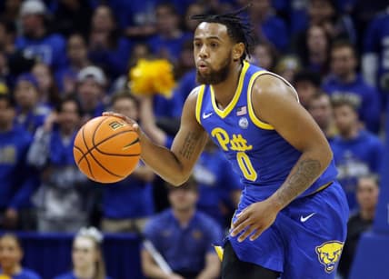 Jan 21, 2023; Pittsburgh, Pennsylvania, USA;  Pittsburgh Panthers guard Nelly Cummings (0) brings the ball up court against the Florida State Seminoles during the second half at the Petersen Events Center. The Seminoles won 71-64. Mandatory Credit: Charles LeClaire-USA TODAY Sports