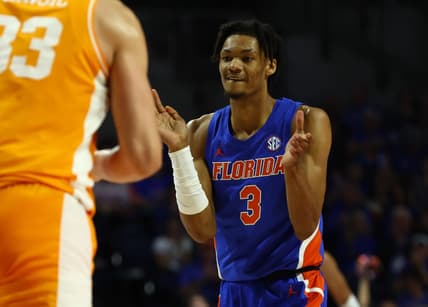Feb 1, 2023; Gainesville, Florida, USA; Florida Gators forward Alex Fudge (3) celebrates against the Tennessee Volunteers during the first half at Exactech Arena at the Stephen C. O'Connell Center. Mandatory Credit: Kim Klement-USA TODAY Sports