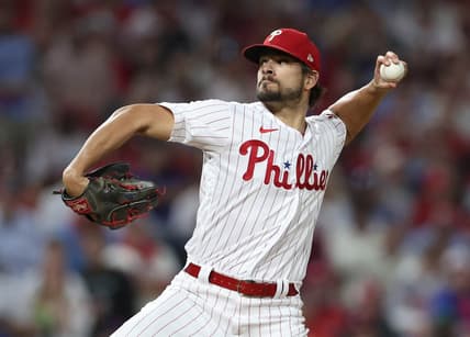 Oct 14, 2022; Philadelphia, Pennsylvania, USA; Philadelphia Phillies relief pitcher Brad Hand throws a pitch against the Atlanta Braves during the 8th inning in game three of the NLDS for the 2022 MLB Playoffs at Citizens Bank Park. Mandatory Credit: Bill Streicher-USA TODAY Sports