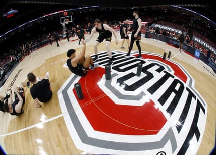 Mar 1, 2023; Columbus, Ohio, USA;  The Maryland Terrapins warms up before the game against the Ohio State Buckeyes at Value City Arena. Mandatory Credit: Joseph Maiorana-USA TODAY Sports