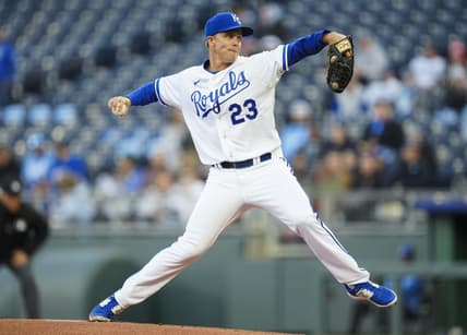 Apr 5, 2023; Kansas City, Missouri, USA; Kansas City Royals starting pitcher Zack Greinke (23) pitches during the first inning against the Toronto Blue Jays at Kauffman Stadium. Mandatory Credit: Jay Biggerstaff-USA TODAY Sports