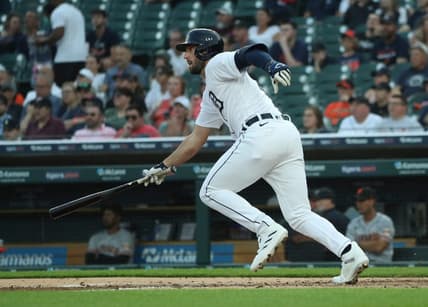 Detroit Tigers center fielder Matt Vierling (8) singles against San Francisco Giants starting pitcher Sean Manaea (52) during third-inning action Friday, April 14, 2023, at Comerica Park in Detroit.

Tigers 041423 Kd782