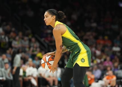 Aug 5, 2023; Phoenix, Arizona, USA; Seattle Storm forward Gabby Williams (5) dribbles against the Phoenix Mercury during the second half at Footprint Center. Mandatory Credit: Joe Camporeale-USA TODAY Sports