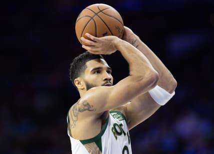 Nov 15, 2023; Philadelphia, Pennsylvania, USA; Boston Celtics forward Jayson Tatum (0) shoots the ball against the Philadelphia 76ers during the second quarter at Wells Fargo Center. Mandatory Credit: Bill Streicher-USA TODAY Sports