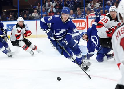 Jan 27, 2024; Tampa, Florida, USA; Tampa Bay Lightning defenseman Emil Martinsen Lilleberg (78) skates with the puck against the New Jersey Devils during the second period at Amalie Arena. Mandatory Credit: Kim Klement Neitzel-USA TODAY Sports