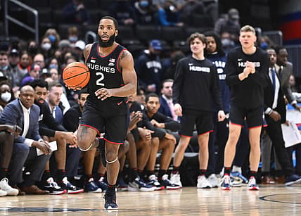 Feb 27, 2022; Washington, District of Columbia, USA; Connecticut Huskies guard R.J. Cole (2) advances the ball against the Georgetown Hoyas during the first half at Capital One Arena. Mandatory Credit: Brad Mills-USA TODAY Sports