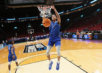 Memphis Tigers forward Josh Minott dunks the ball during an open practice at the Moda Center in Portland, Ore. on Wednesday, March 16, 2022.

Jrca1379