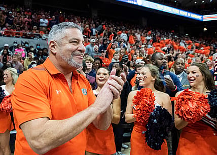 Auburn Tigers head coach Bruce Pearl takes the court as Auburn Tigers men's basketball takes on Kentucky Wildcats at Auburn Arena in Auburn, Ala., on Saturday, Jan. 22, 2022. Kentucky Wildcats lead Auburn Tigers 33-29 at halftime.