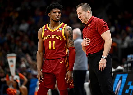 Mar 25, 2022; Chicago, IL, USA; Iowa State Cyclones head coach T.J. Otzelberger talks to guard Tyrese Hunter (11) during the second half against the Miami Hurricanes in the semifinals of the Midwest regional of the men's college basketball NCAA Tournament at United Center. Mandatory Credit: Jamie Sabau-USA TODAY Sports