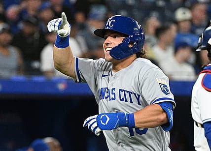 Jul 14, 2022; Toronto, Ontario, CAN;  Kansas City Royals center fielder Nate Eaton (18) reacts as he crosses home plate after hitting the first home run of his career against the Toronto Blue Jays in the ninth inning at Rogers Centre. Mandatory Credit: Dan Hamilton-USA TODAY Sports