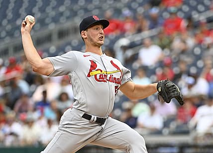Jul 31, 2022; Washington, District of Columbia, USA; St. Louis Cardinals starting pitcher Andre Pallante (53) throws to the Washington Nationals during the first inning at Nationals Park. Mandatory Credit: Brad Mills-USA TODAY Sports