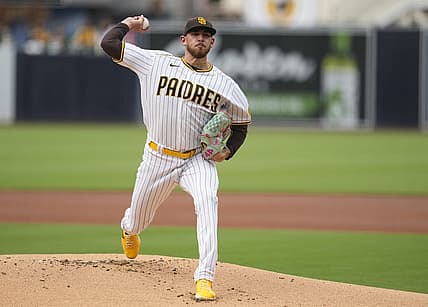 Aug 20, 2022; San Diego, California, USA;  San Diego Padres starting pitcher Joe Musgrove (44) pitches during the first inning against the Washington Nationals at Petco Park. Mandatory Credit: Ray Acevedo-USA TODAY Sports