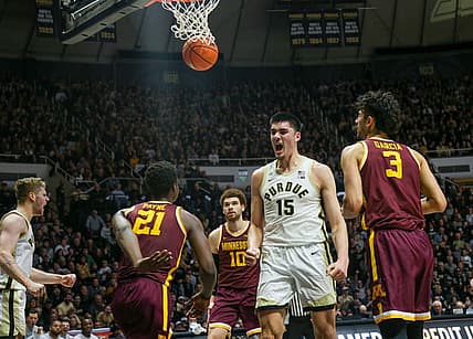 Purdue Boilermakers center Zach Edey (15) celebrates after scoring a dunk during the NCAA men   s basketball game against the Minnesota Gophers, Sunday, Dec. 4, 2022, at Mackey Arena in West Lafayette, Ind.

Np2 4604