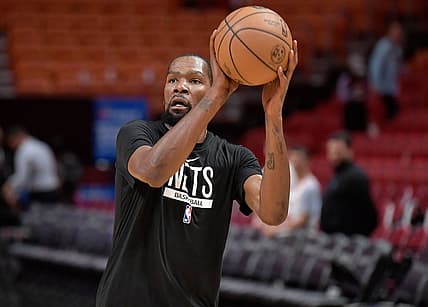 Jan 8, 2023; Miami, Florida, USA;  Brooklyn Nets forward Kevin Durant (7) warms up before playing the Miami Heat at FTX Arena. Mandatory Credit: Michael Laughlin-USA TODAY Sports
