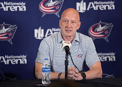 Jul 1, 2023; Columbus, OH, USA; Columbus Blue Jackets General Manager Jarmo Kekalainen speaks after hiring Mike Babcock as the new head coach during a press conference at Nationwide Arena. Mandatory Credit: Kyle Robertson-USA TODAY NETWORK