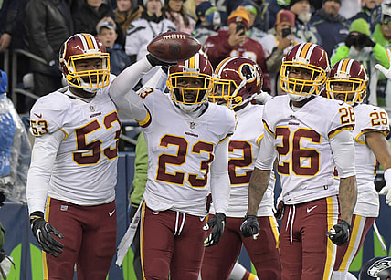 Redskins celebrate an interception against the Seahawks in NFL Week 9