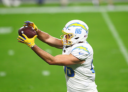 Dec 17, 2020; Paradise, Nevada, USA; Los Angeles Chargers tight end Hunter Henry (86) against the Las Vegas Raiders at Allegiant Stadium. Mandatory Credit: Mark J. Rebilas-USA TODAY Sports