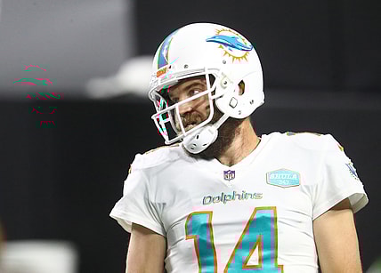 Dec 26, 2020; Paradise, Nevada, USA; Miami Dolphins quarterback Ryan Fitzpatrick (14) against the Las Vegas Raiders at Allegiant Stadium. Mandatory Credit: Mark J. Rebilas-USA TODAY Sports