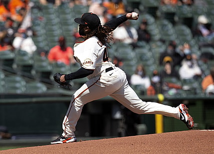 Apr 9, 2021; San Francisco, California, USA; San Francisco Giants starting pitcher Johnny Cueto (47) delivers a pitch against the Colorado Rockies during the first inning of a Major League Baseball game at Oracle Park. Mandatory Credit: D. Ross Cameron-USA TODAY Sports