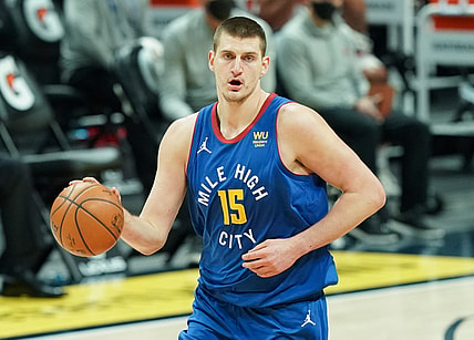 Apr 24, 2021; Denver, Colorado, USA; Denver Nuggets center Nikola Jokic (15) against the Houston Rockets during the second quarter at Ball Arena. Mandatory Credit: Troy Babbitt-USA TODAY Sports