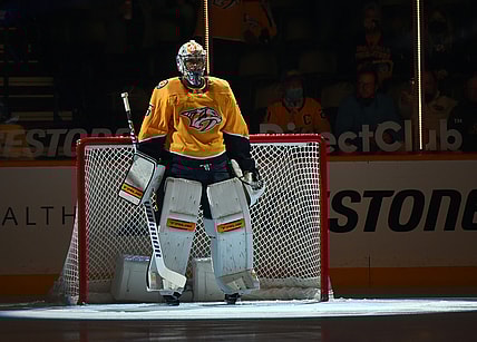May 10, 2021; Nashville, Tennessee, USA; Nashville Predators goaltender Pekka Rinne (35) before the game against the Carolina Hurricanes at Bridgestone Arena. Mandatory Credit: Christopher Hanewinckel-USA TODAY Sports