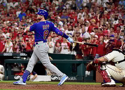 Oct 2, 2021; St. Louis, Missouri, USA;  Chicago Cubs left fielder Ian Happ (8) hits a go ahead two run home run during the ninth inning against the St. Louis Cardinals at Busch Stadium. Mandatory Credit: Jeff Curry-USA TODAY Sports